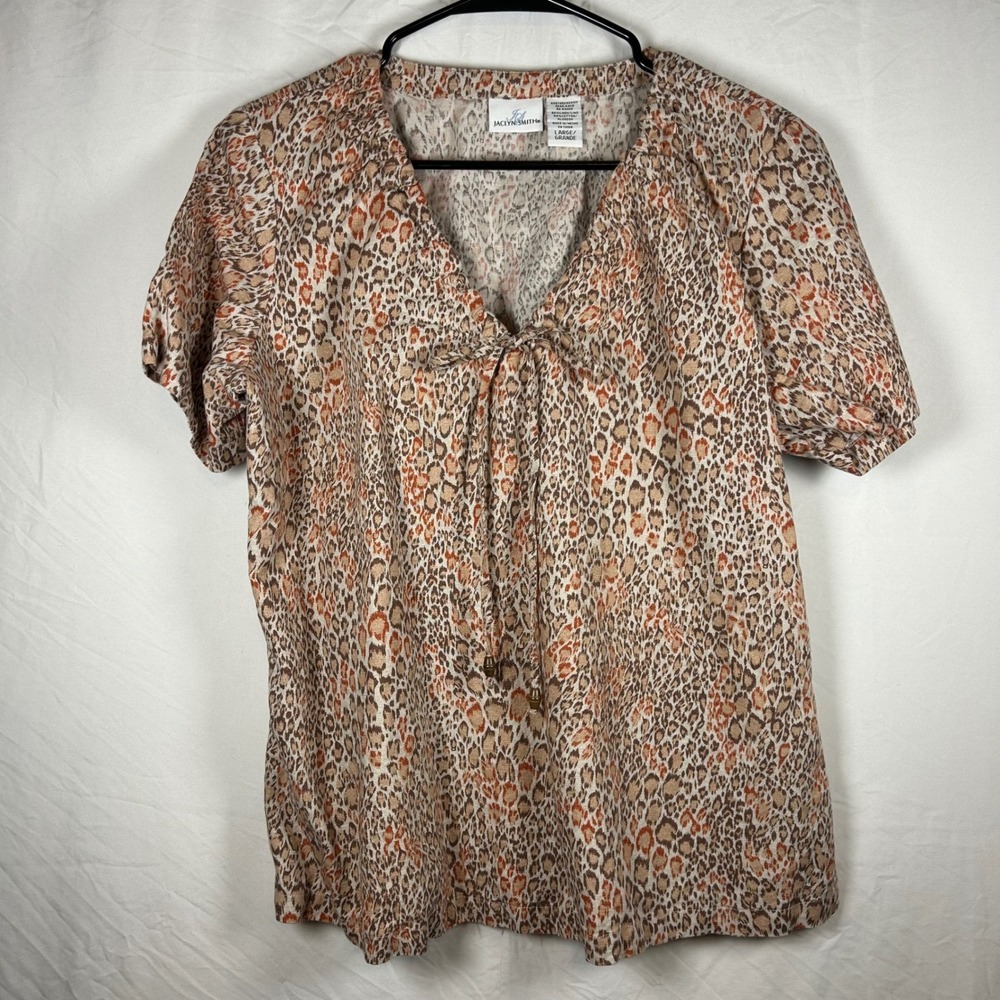Jaclyn‎ Smith Blouse Womens Large Tan Leopard Linen Blend Tie Front Short